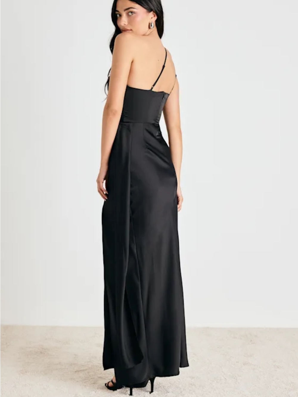 Lulu's One-Shoulder Black Satin Gown with Side Slit - Picture 3 of 5